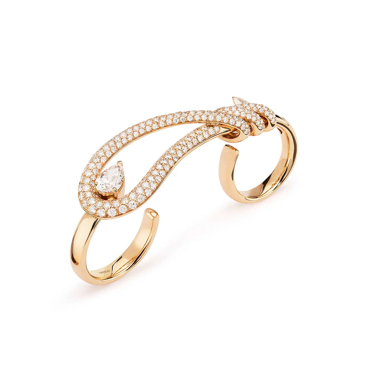 Anillo de dos dedos en oro rosa con diamantes y talla pera, joyería Domaica en Vitoria